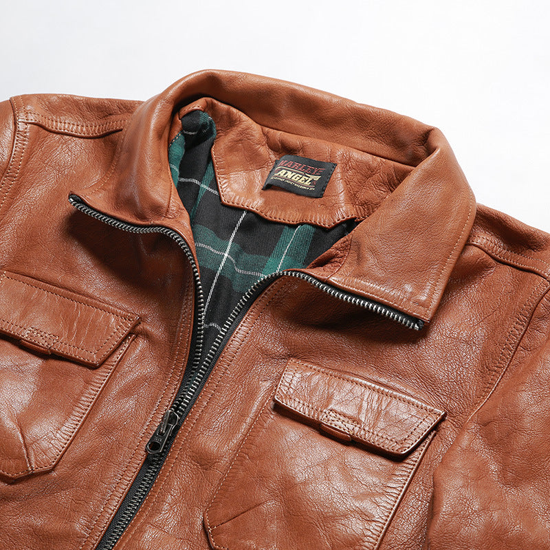 American style multi-pocket casual hunting suit genuine goatskin leather jacket-A19