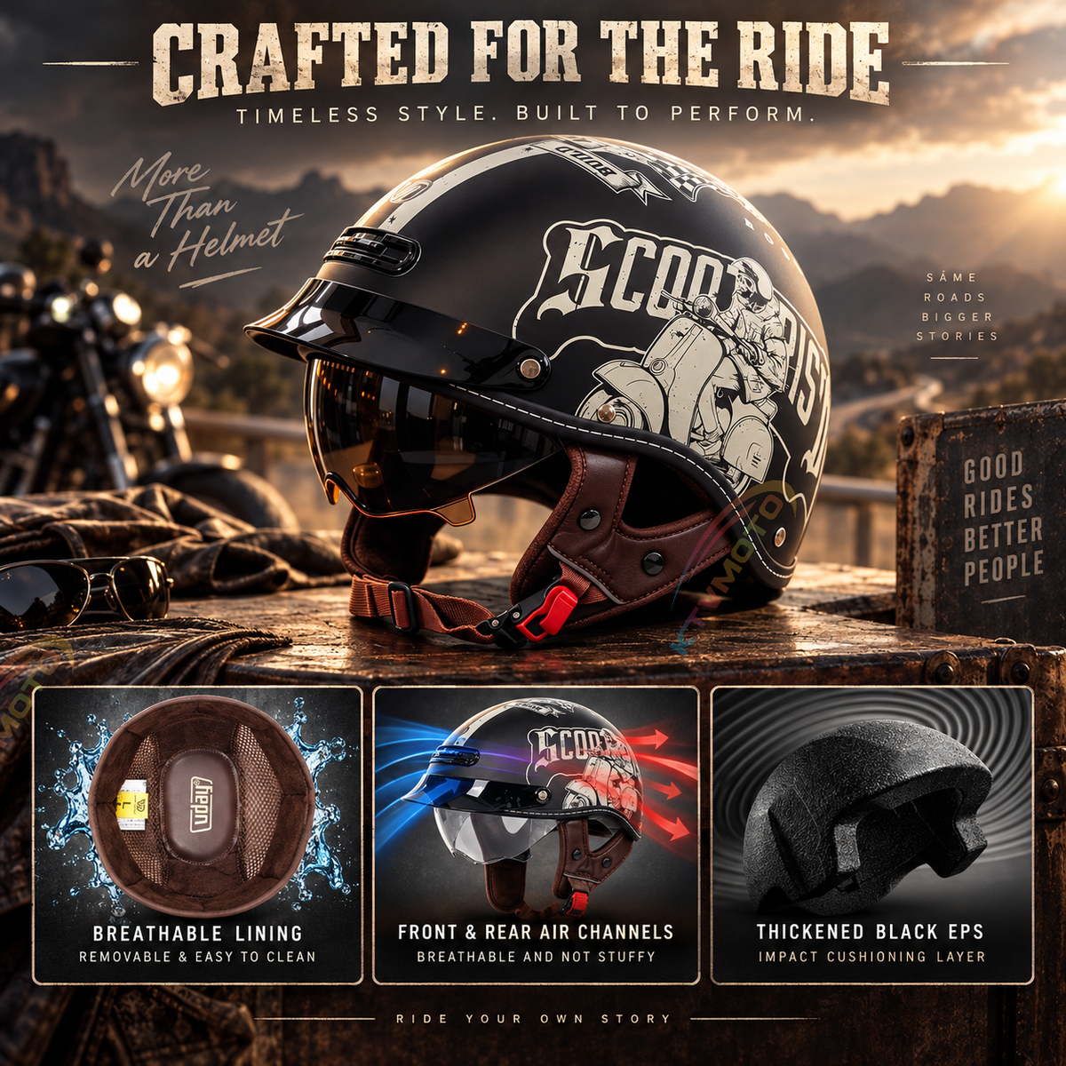 KTVMOTO Retro Motorcycle Half Helmet with ABS Shell & EPS Liner-I302