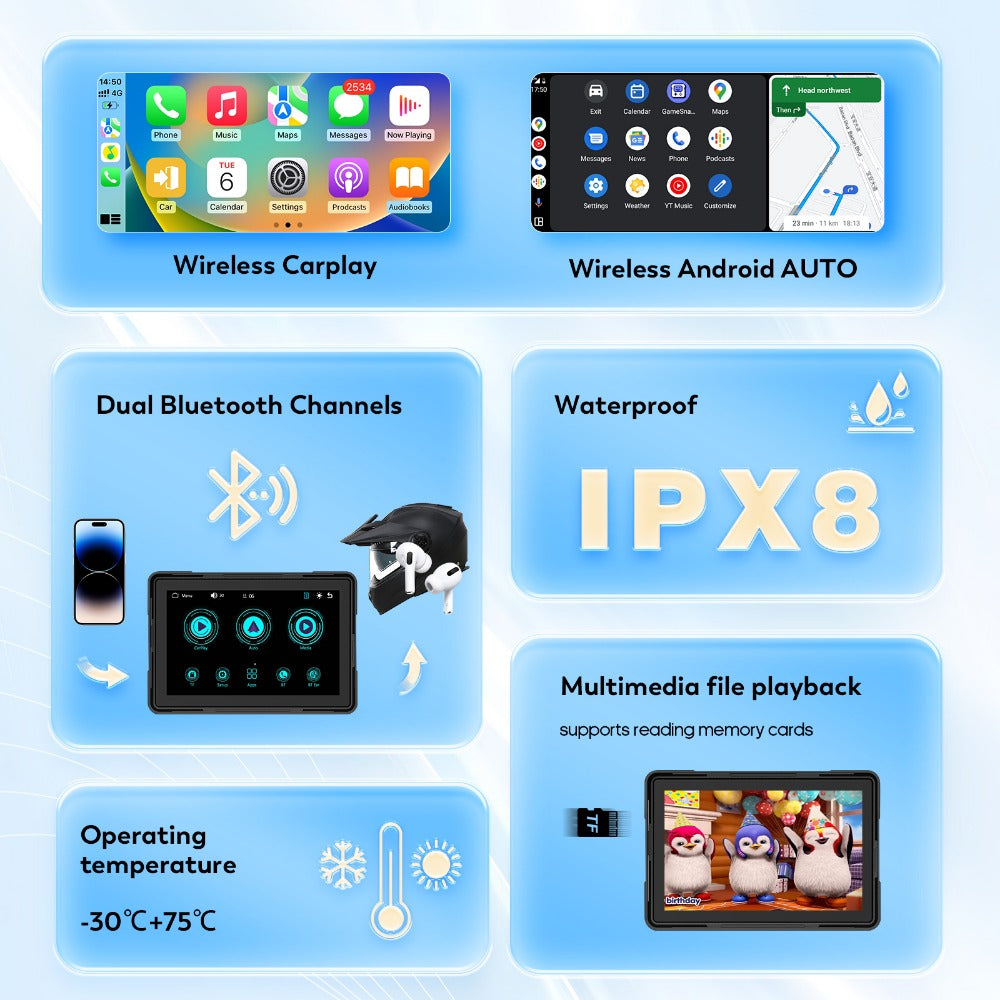 Portable IPX8 Waterproof Motorcycle GPS Navigation Wireless Carplay-P06