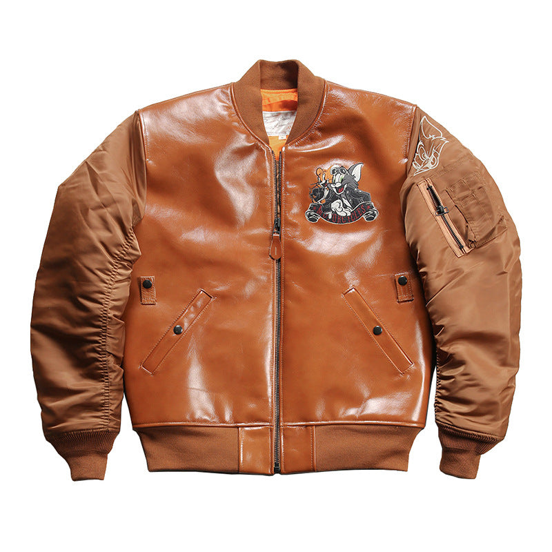 Cartoon sports casual leather cowhide jacket-A39