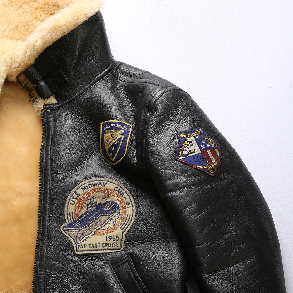 Genuine Sheepskin Bomber Jacket Military Fur-A04