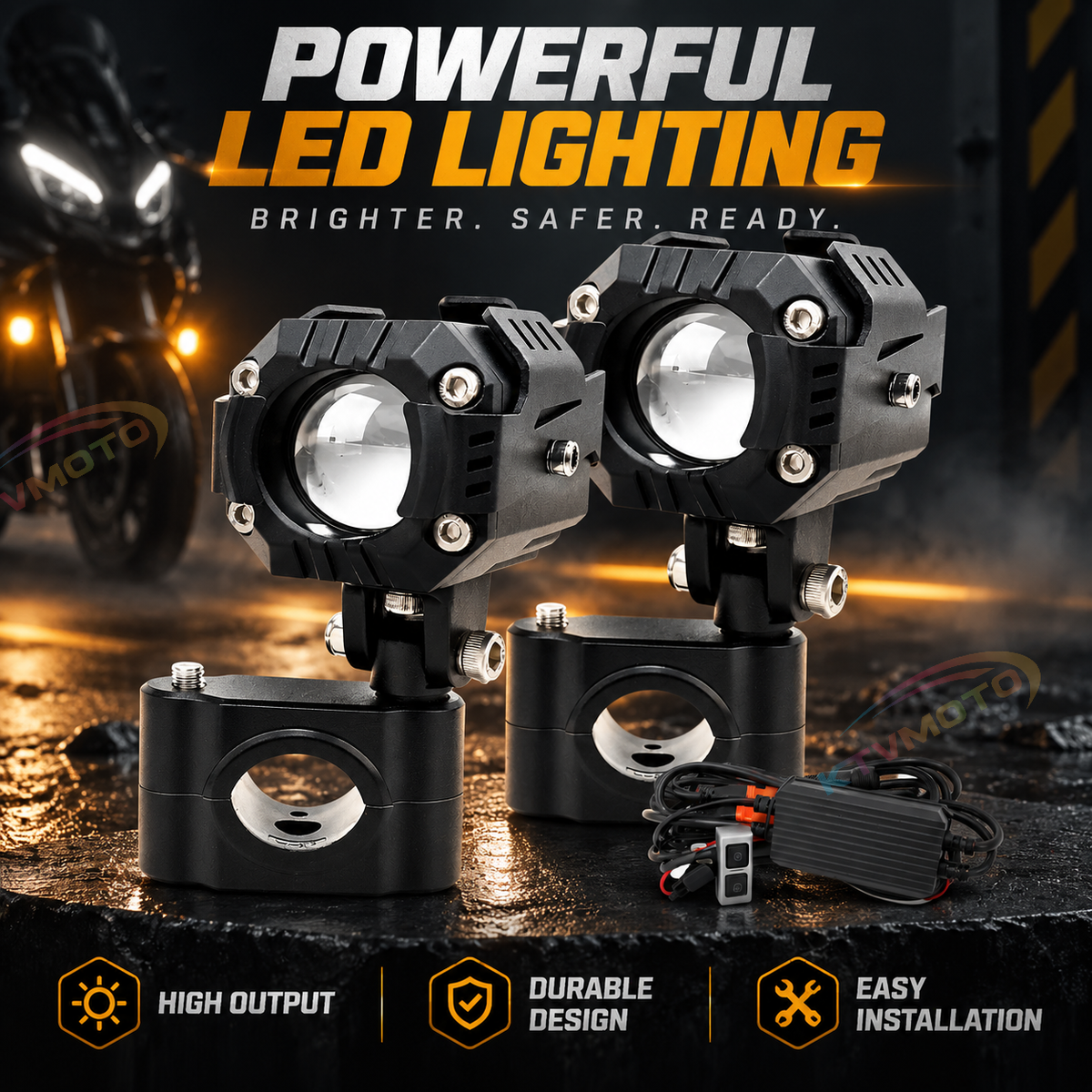 KTVMOTO Motorcycle LED Fog Lights with Yellow Beam & Adjustable Mount-D36