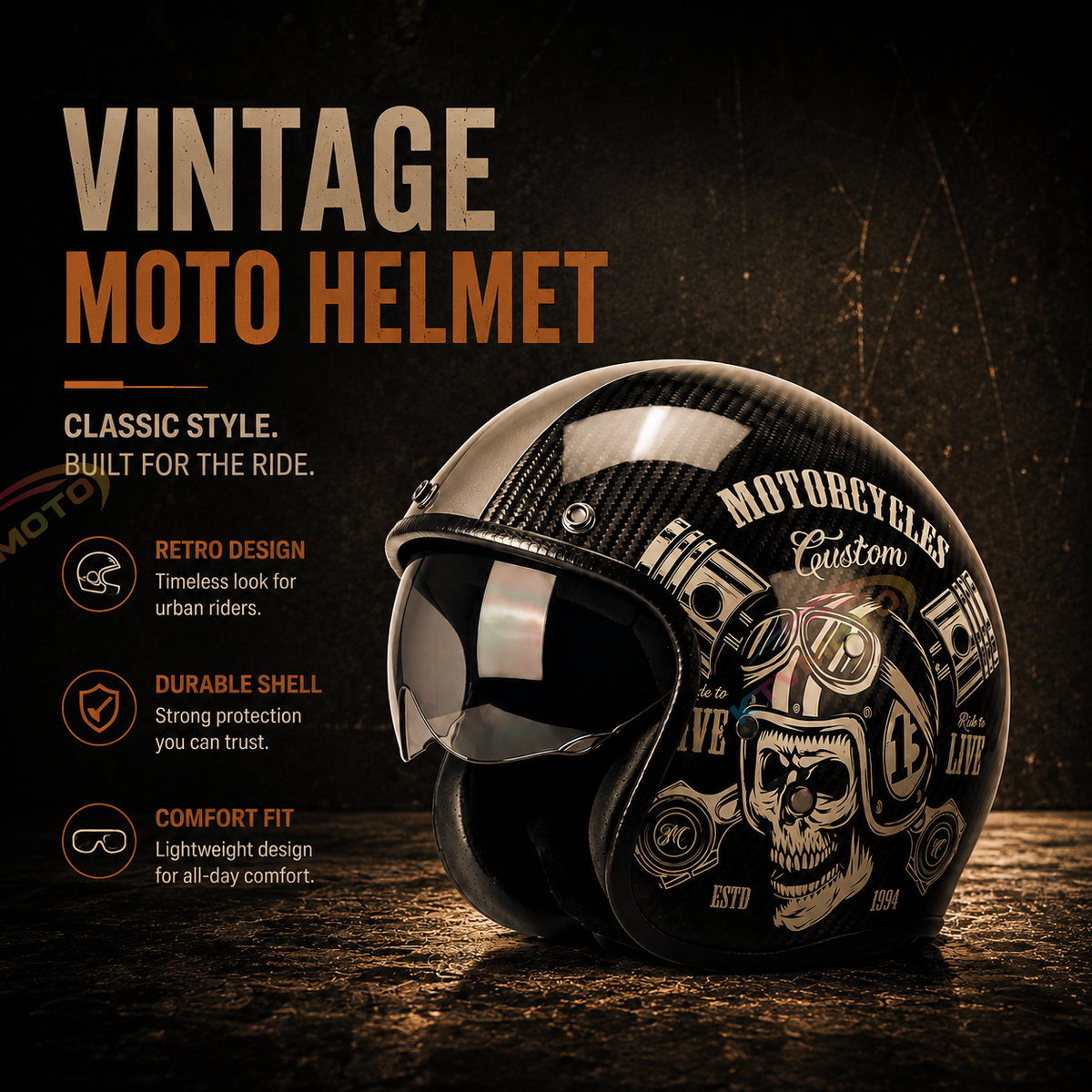 KTVMOTO Classic cruise half-helmet with carbon fiber texture, Harley style-I34