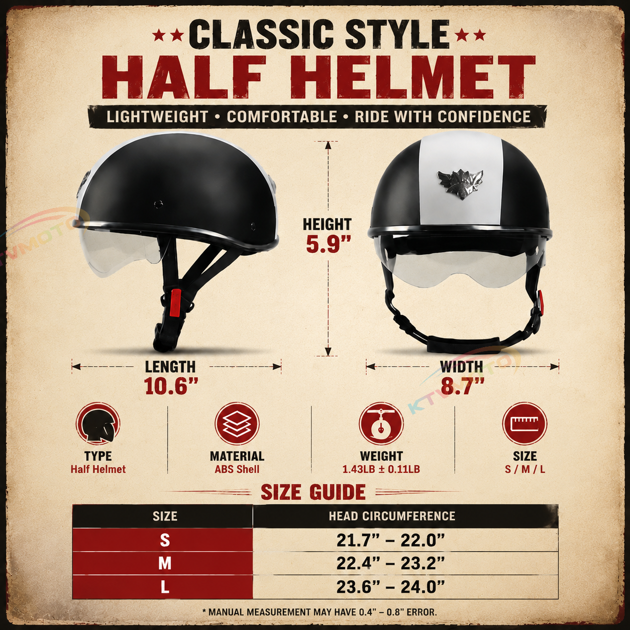 Retro two-tone cruiser motorcycle helmet with goggles-I23