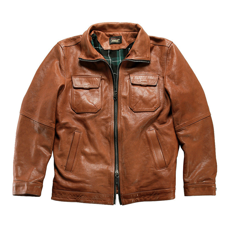 American style multi-pocket casual hunting suit genuine goatskin leather jacket-A19