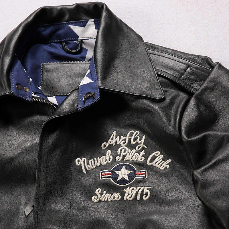 Pilot's leather jacket with embroidery-A12