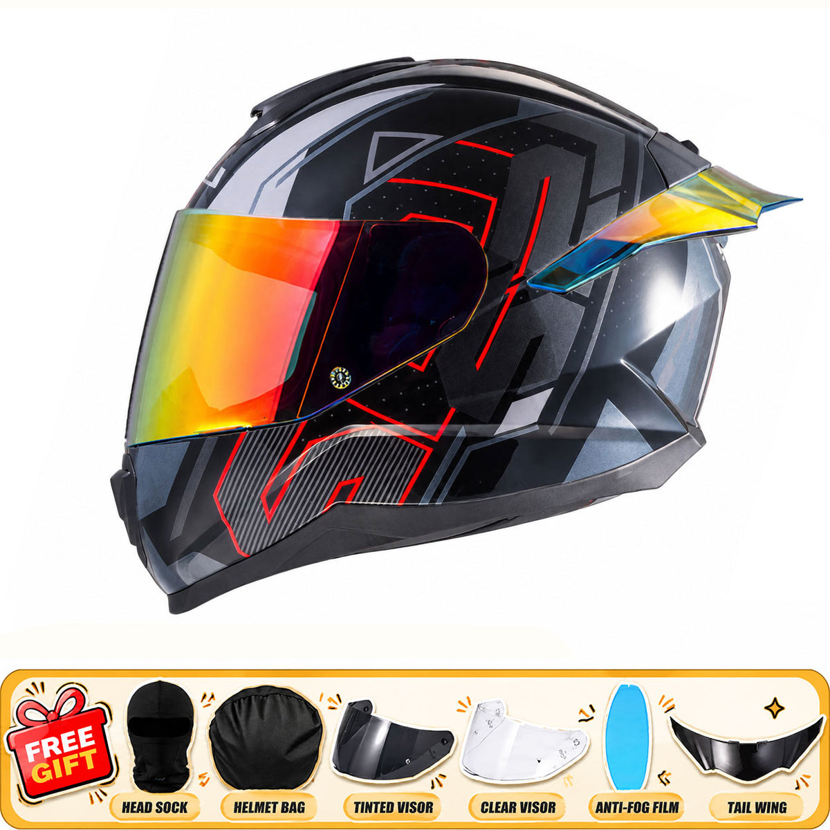 Full-face motorcycle helmet with anti-fog visor and large rear spoiler-I310