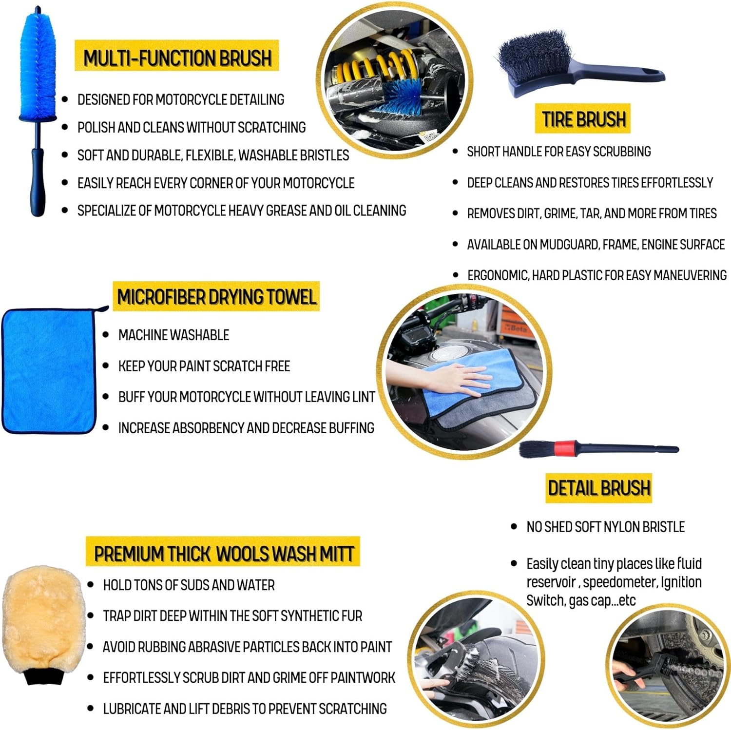 Motorcycle Cleaning Brush Set 6 Pack-X01