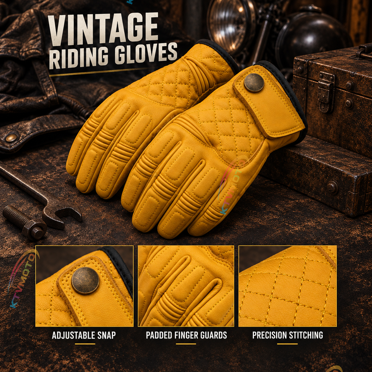 KTVMOTO Vintage Sheepskin Motorcycle Riding Gloves-G103