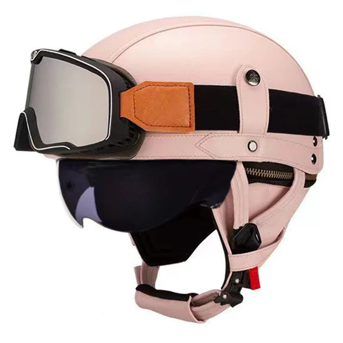 DOT Vintage Leather Motorcycle Helmet with Goggles- I06