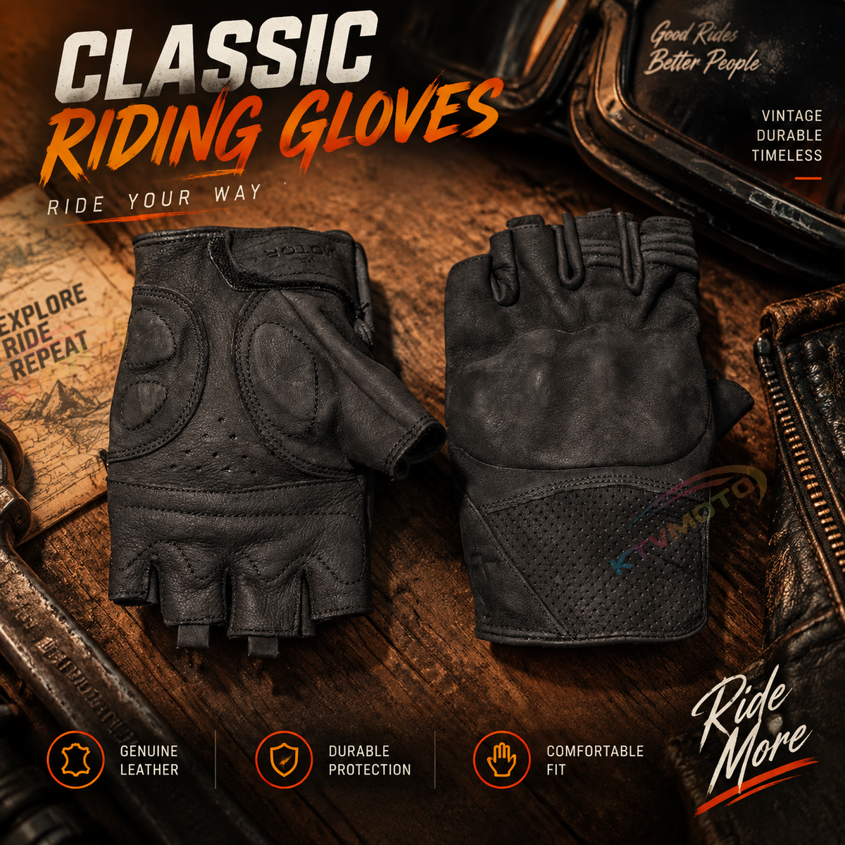 KTVMOTO Retro Motorcycle Rider Genuine Leather Half-Finger Gloves - G37