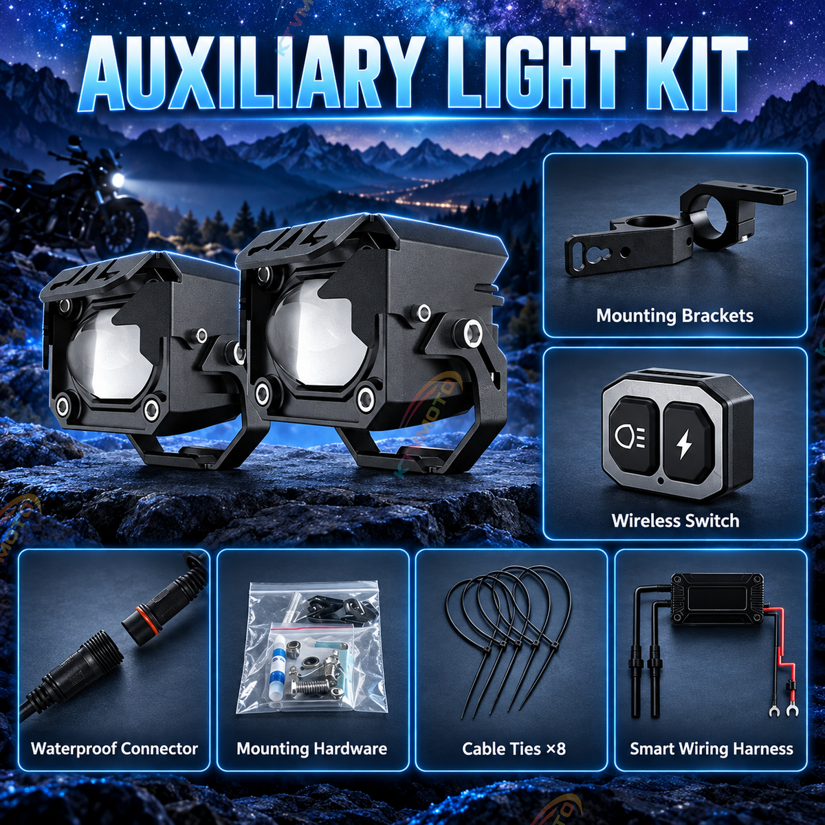 KTVMOTO Harley Motorcycle LED Auxiliary Lights Kit High/Low Beam-ML12