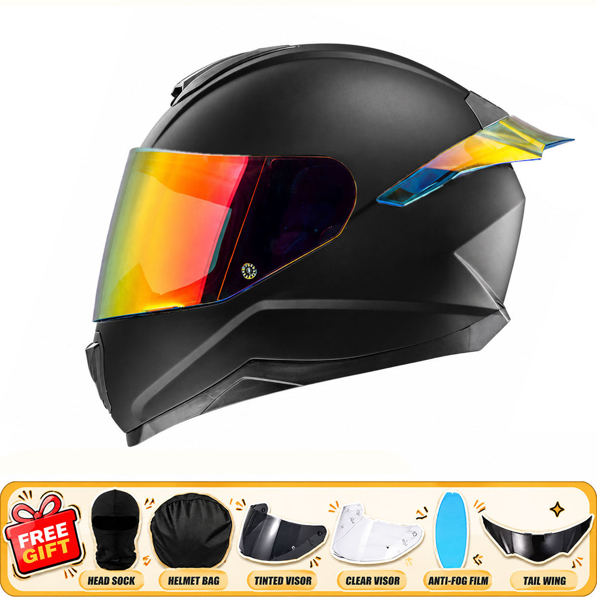 Full-face motorcycle helmet with anti-fog visor and large rear spoiler-I310
