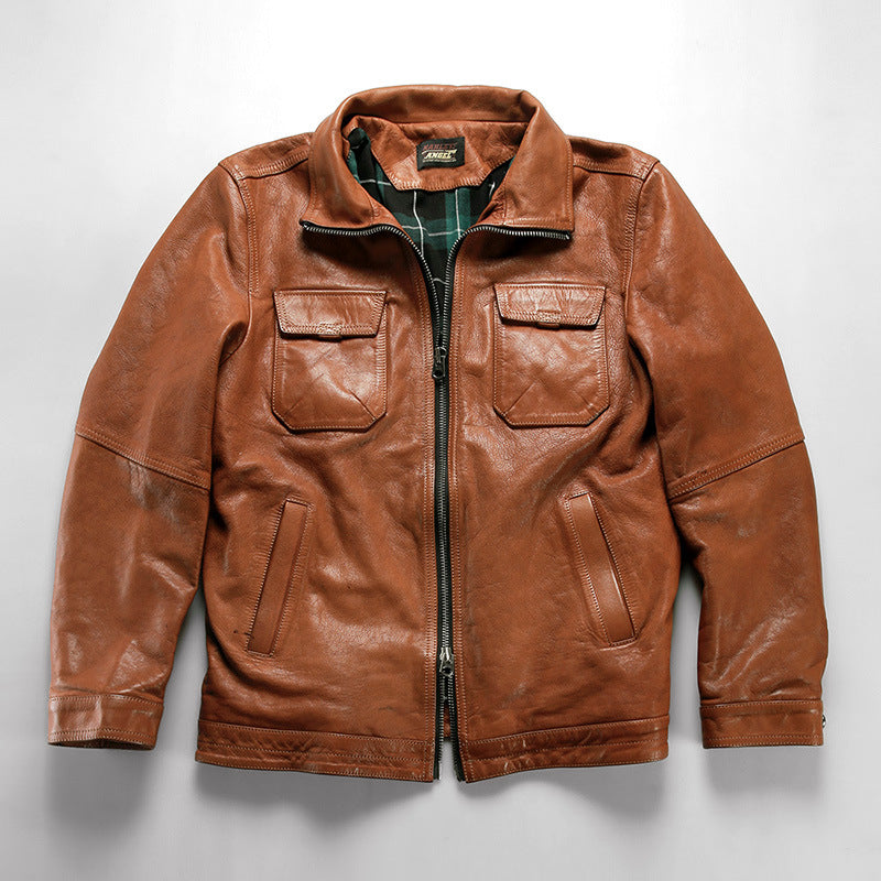 American style multi-pocket casual hunting suit genuine goatskin leather jacket-A19