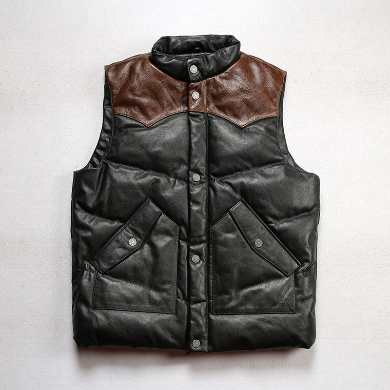 Stand collar casual sports color matching white duck down thickened cowhide vest-A35