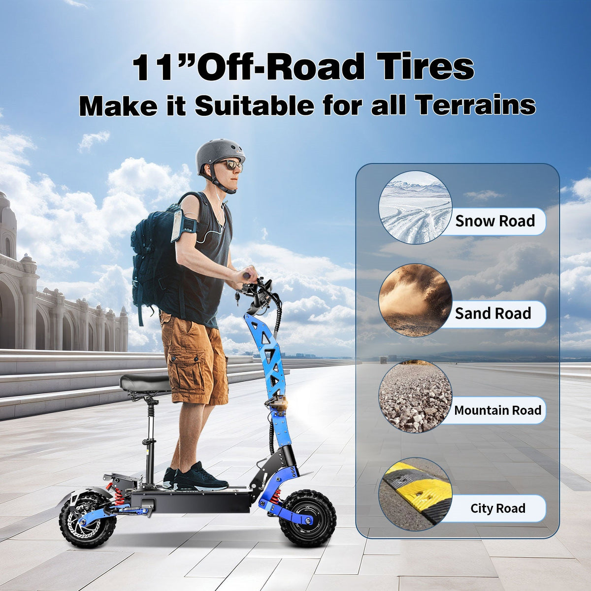 Electric Scooter, 40 mph top speed, 60 mile range, 60V 35AH 6000W Dual Drive, with 11" Off-road Tires