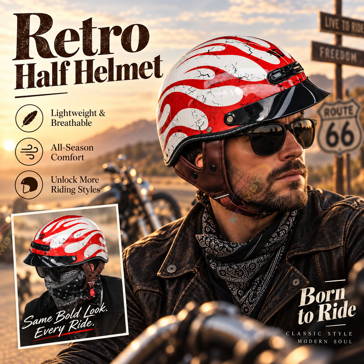 KTVMOTO Retro Motorcycle Half Helmet with ABS Shell & EPS Liner-I302