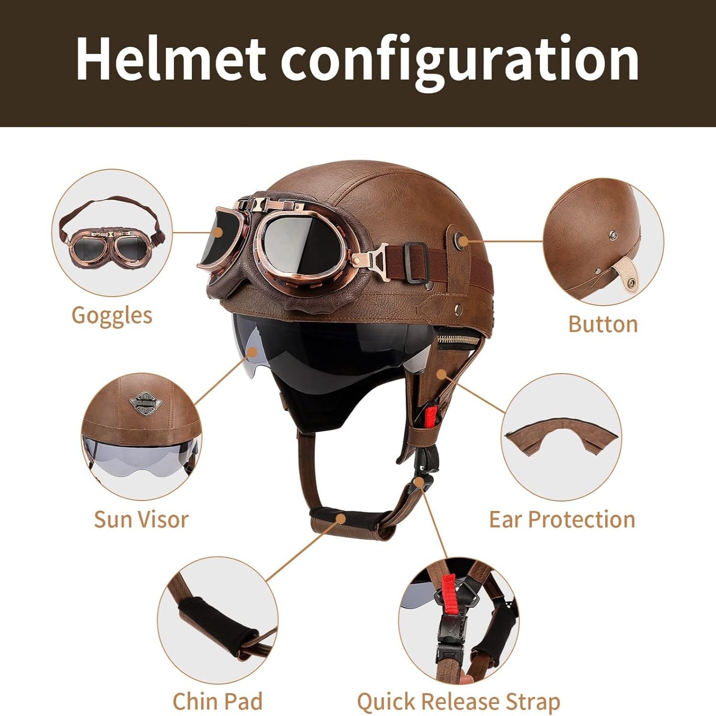 DOT Certified Retro German Style Leather Motorcycle Half Helmet - I06