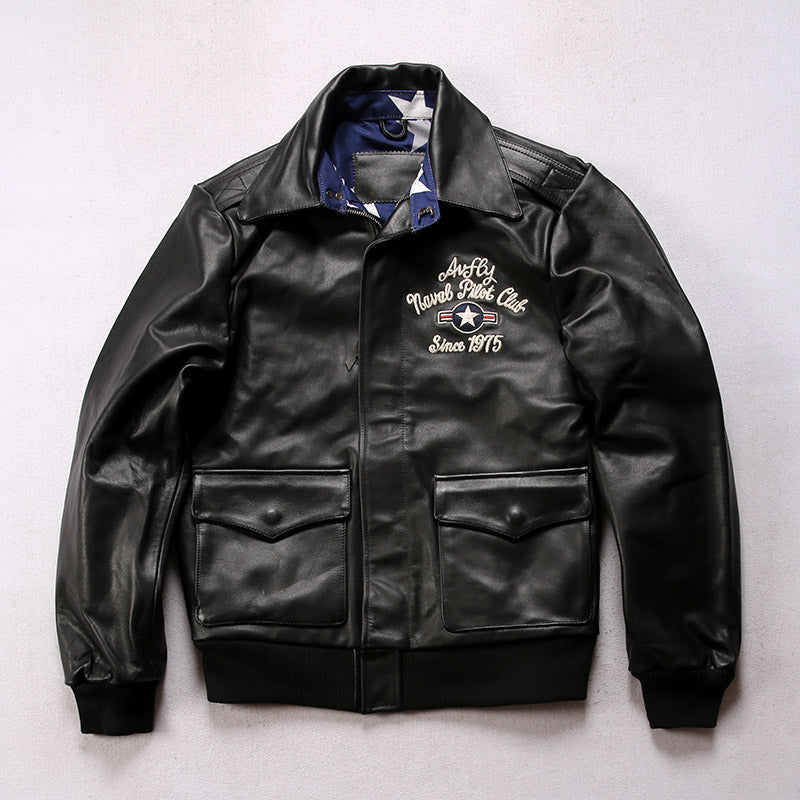 Pilot's leather jacket with embroidery-A12
