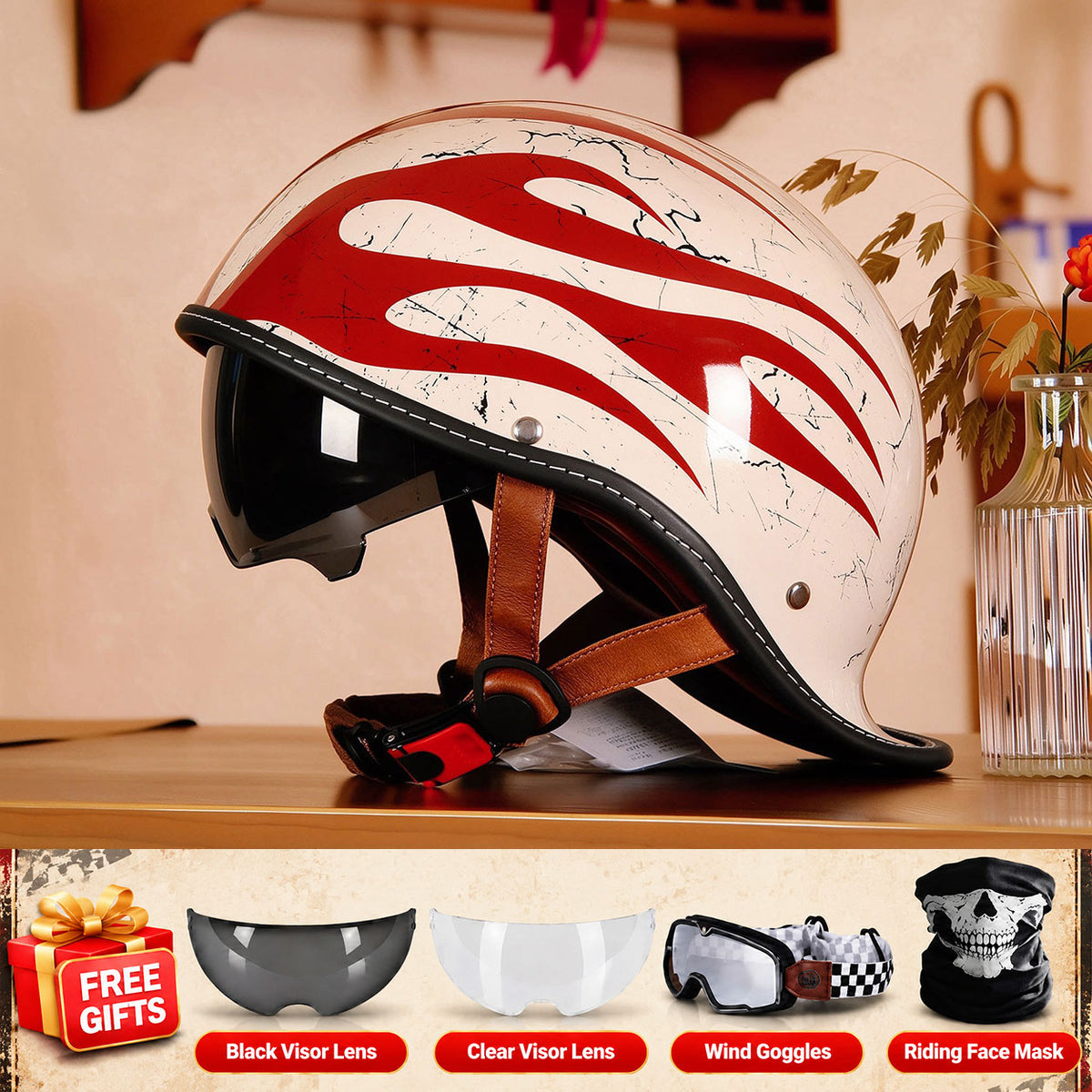 Retro-style motorcycle half-helmet with a ducktail design-I298