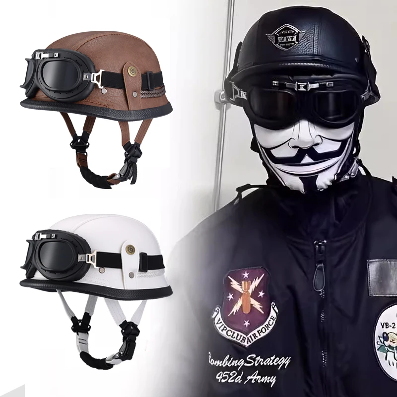 DOT Motorcycle German-style Genuine Leather Goggles Open Half Helmet-I10