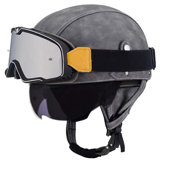 DOT Vintage Leather Motorcycle Helmet with Goggles- I06