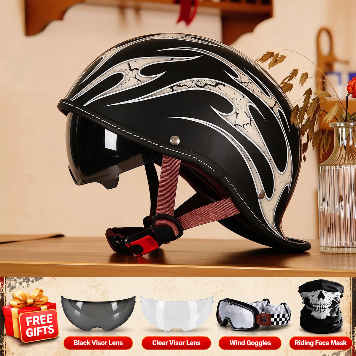 Retro-style motorcycle half-helmet with a ducktail design-I298
