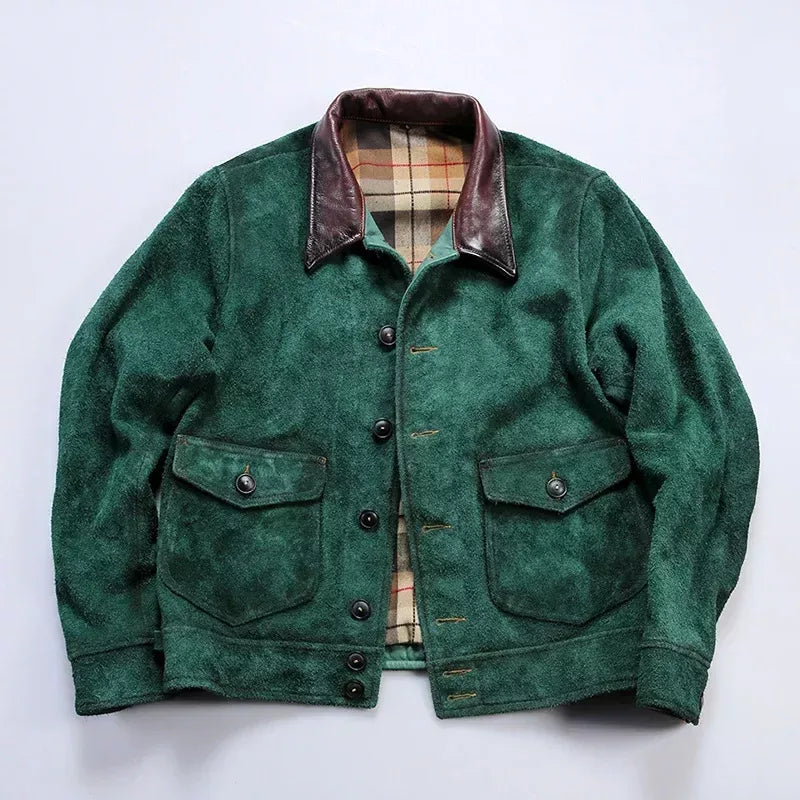 Handmade Vintage Natural Cow Suede Leather Jacket-A1
