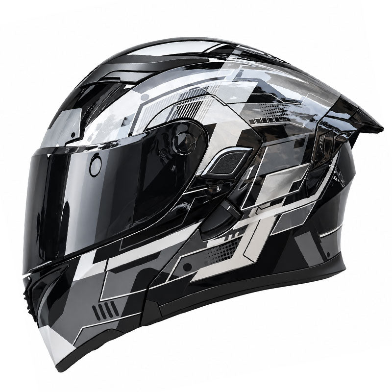 Flip-up motorcycle helmet with dual visors and a tinted rear spoiler-I149