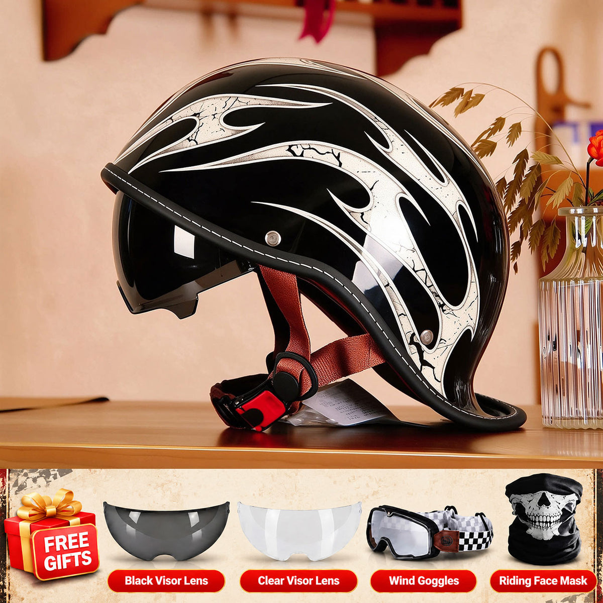 Retro-style motorcycle half-helmet with a ducktail design-I298