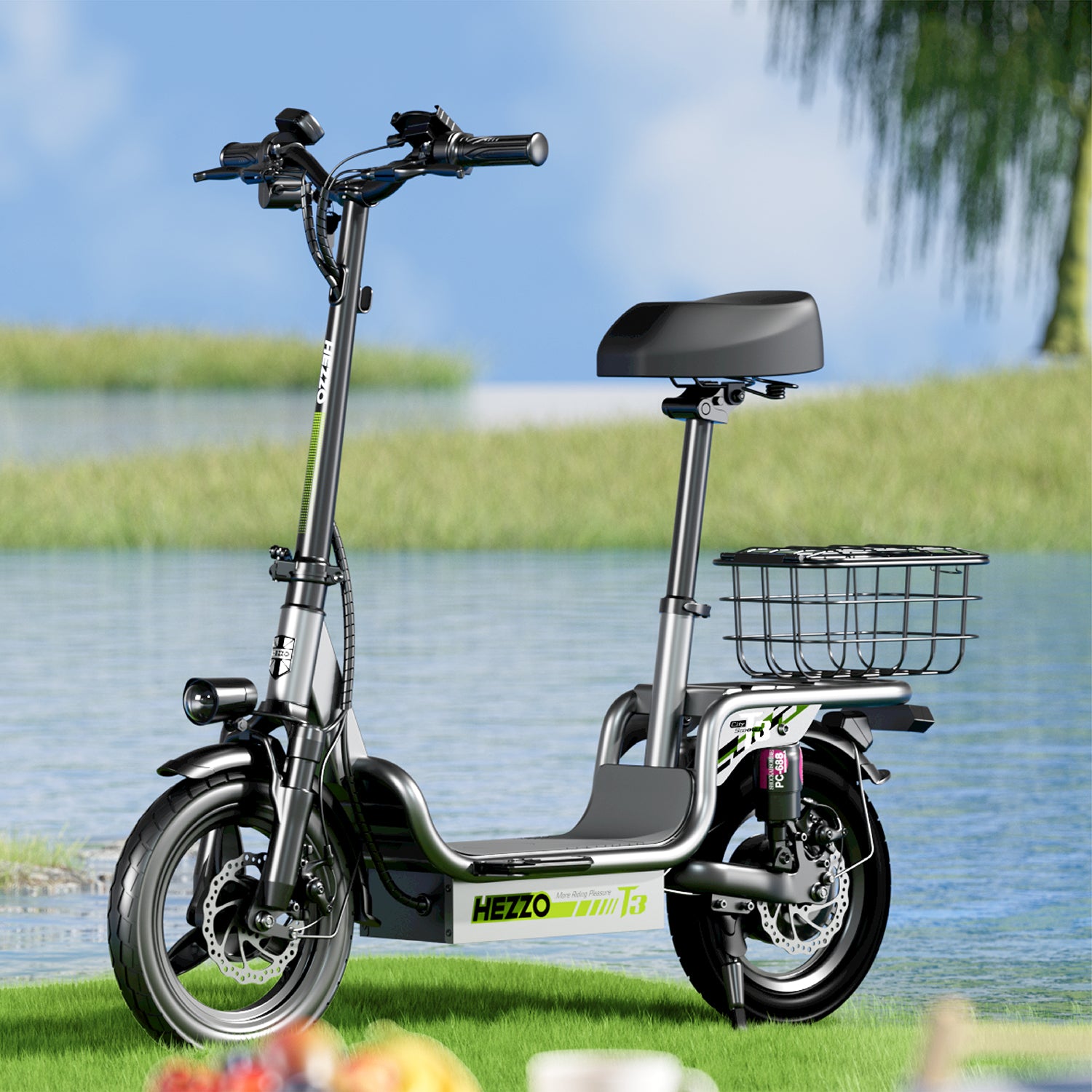 48V 15Ah Electric Scooter with Seat and Basket - T3
