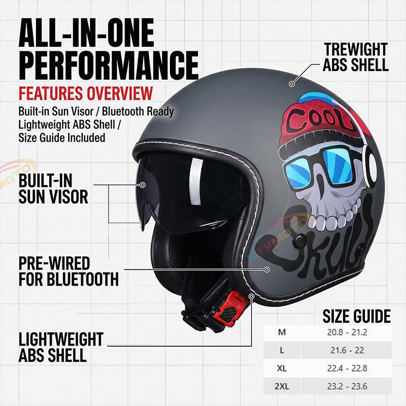 Retro-style open-face motorcycle helmet with built-in visor-I22
