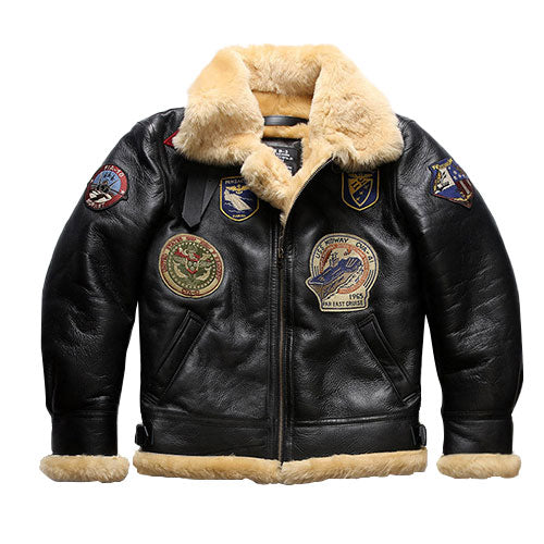 Genuine Sheepskin Bomber Jacket Military Fur-A04
