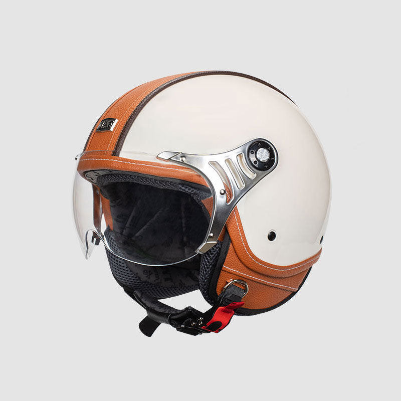 Retro leather open-face motorcycle helmet scooter gear – I53