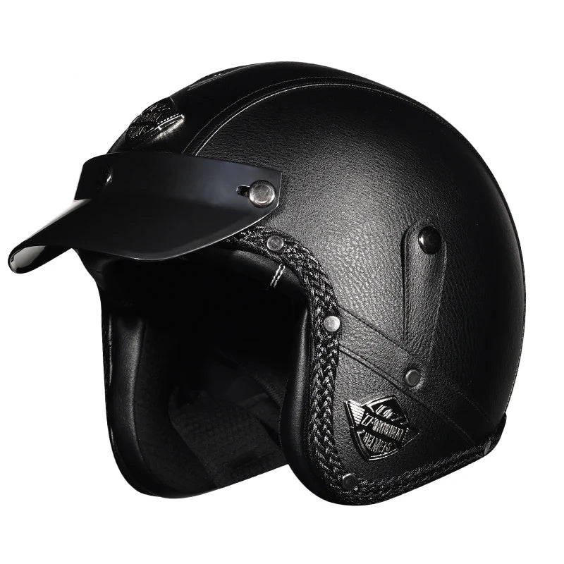 full face leather motorcycle helmet Matte Leather Retro Motorcycle Half Helmet-I19