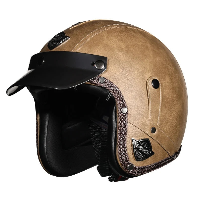 Matte Leather Retro Motorcycle Half Helmet-I19