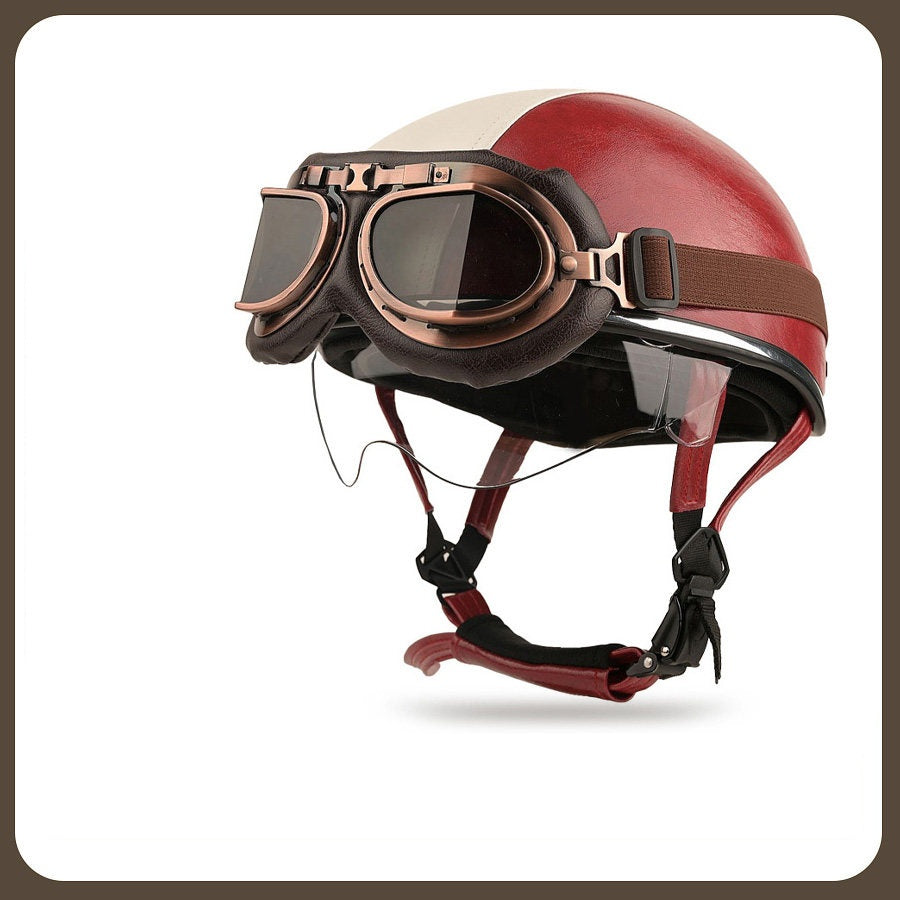 Retro two-tone cruiser motorcycle helmet with goggles-I23