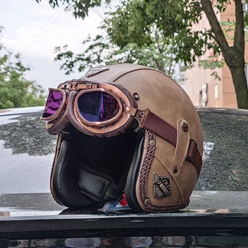 Matte Leather Retro Motorcycle Half Helmet-I19