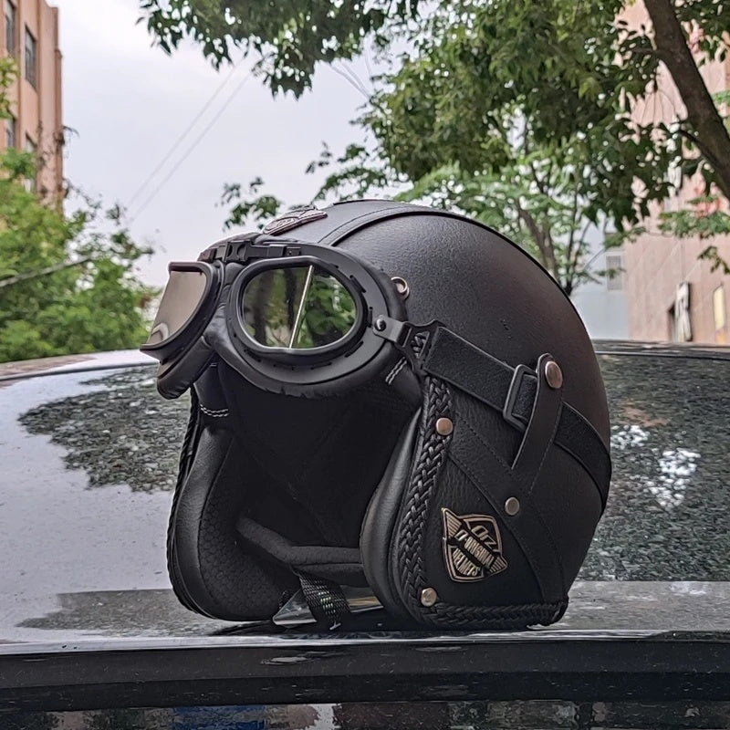 Matte Leather Retro Motorcycle Half Helmet-I19