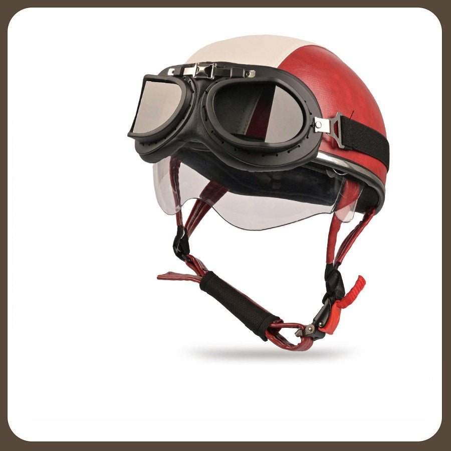 Retro two-tone cruiser motorcycle helmet with goggles-I23