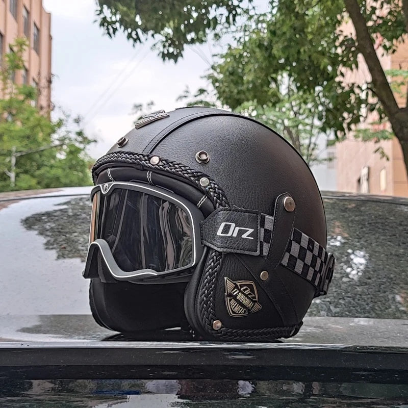 Matte Leather Retro Motorcycle Half Helmet-I19