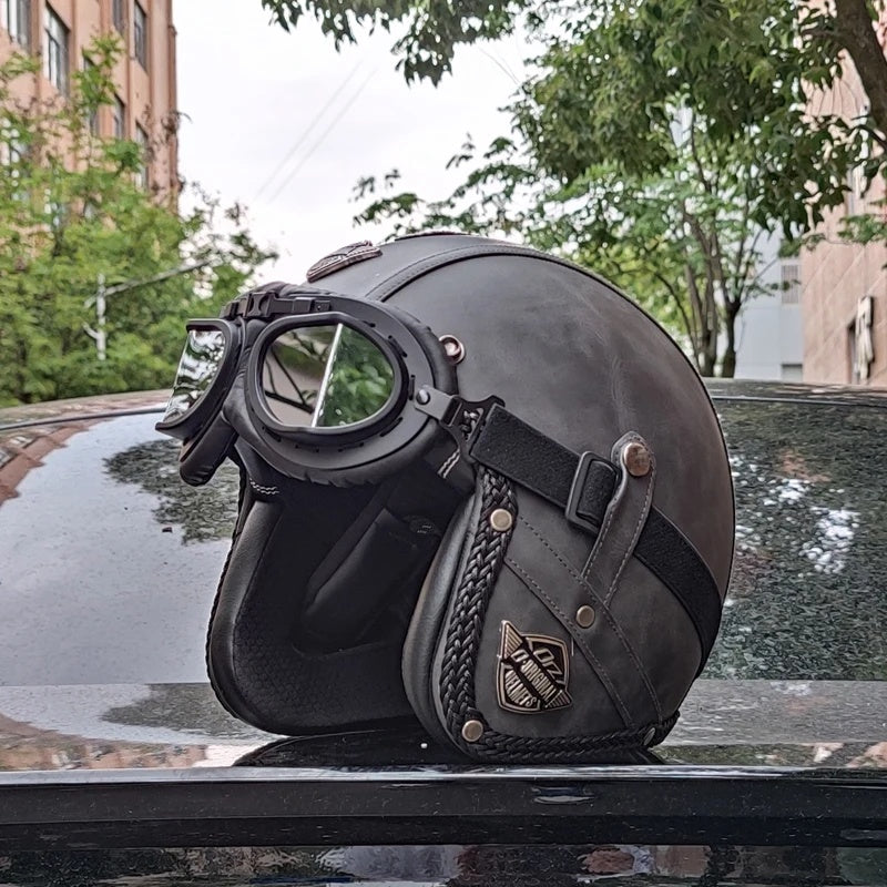 Matte Leather Retro Motorcycle Half Helmet-I19