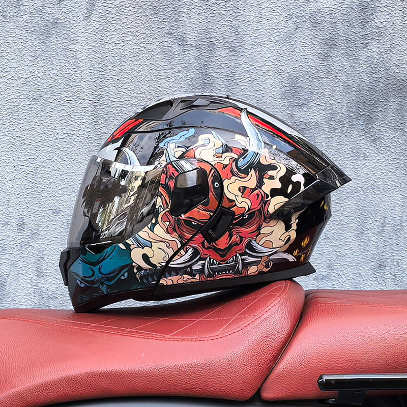 Flip-up motorcycle helmet with aurora-style finish and dual visor-I186