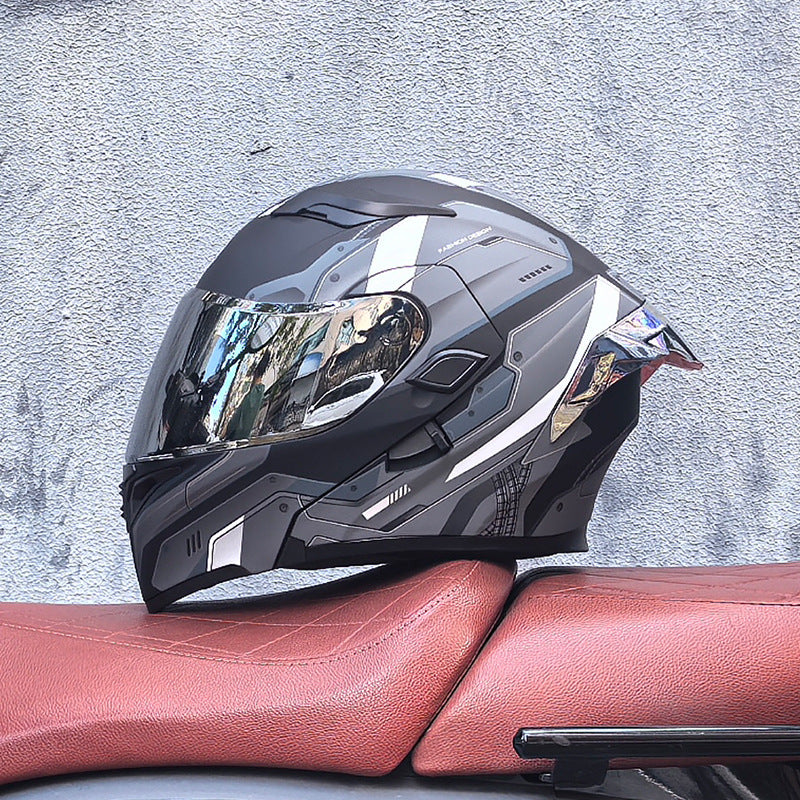 Motorcycle flip-up helmet with dual visors and silver rear spoiler-I150