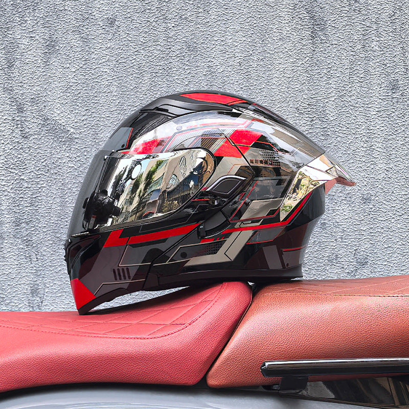Motorcycle flip-up helmet with dual visors and silver rear spoiler-I150