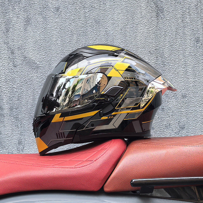Motorcycle flip-up helmet with dual visors and silver rear spoiler-I150