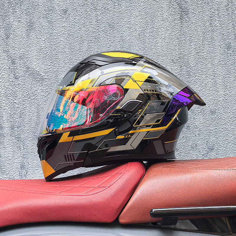 Modular motorcycle helmet with dual visors and a colorful rear spoiler-I151