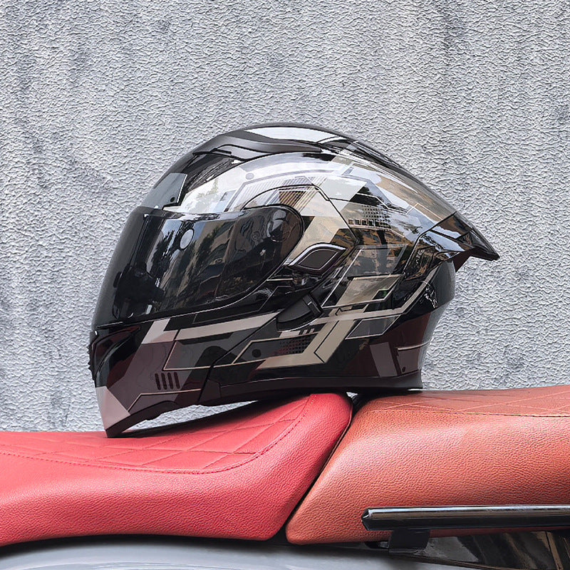 Flip-up motorcycle helmet with dual visors and a tinted rear spoiler-I149