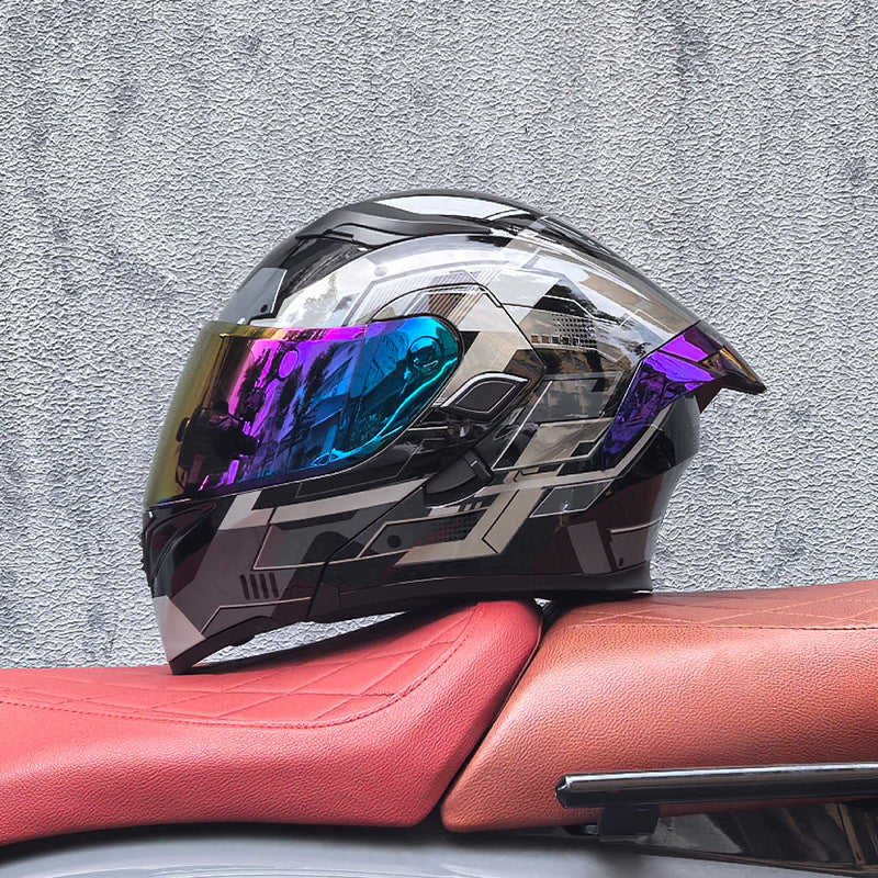 Modular motorcycle helmet with dual visors and a colorful rear spoiler-I151