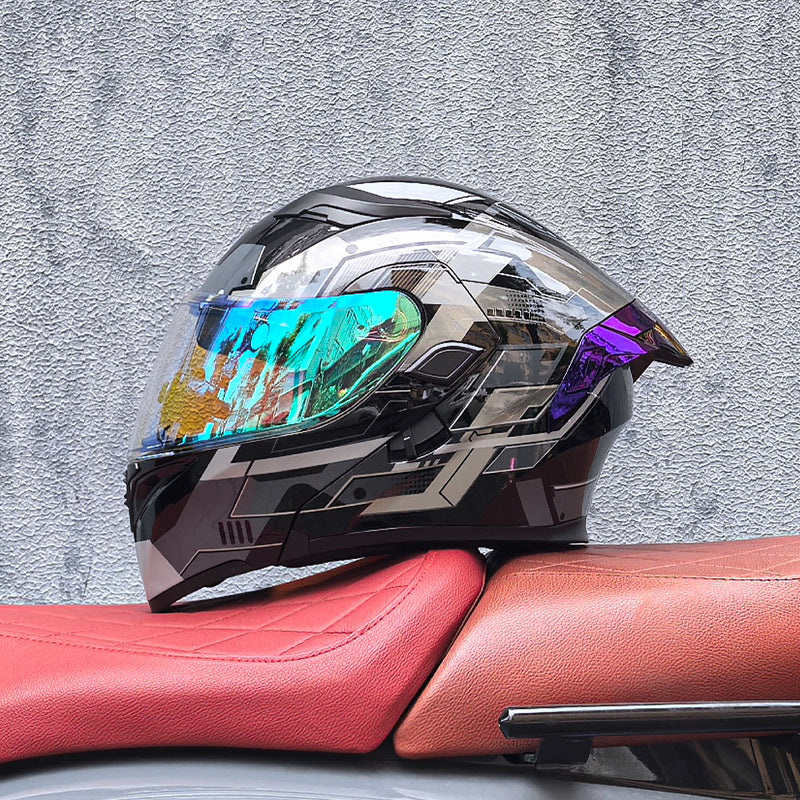 Modular motorcycle helmet with dual visors and a colorful rear spoiler-I151